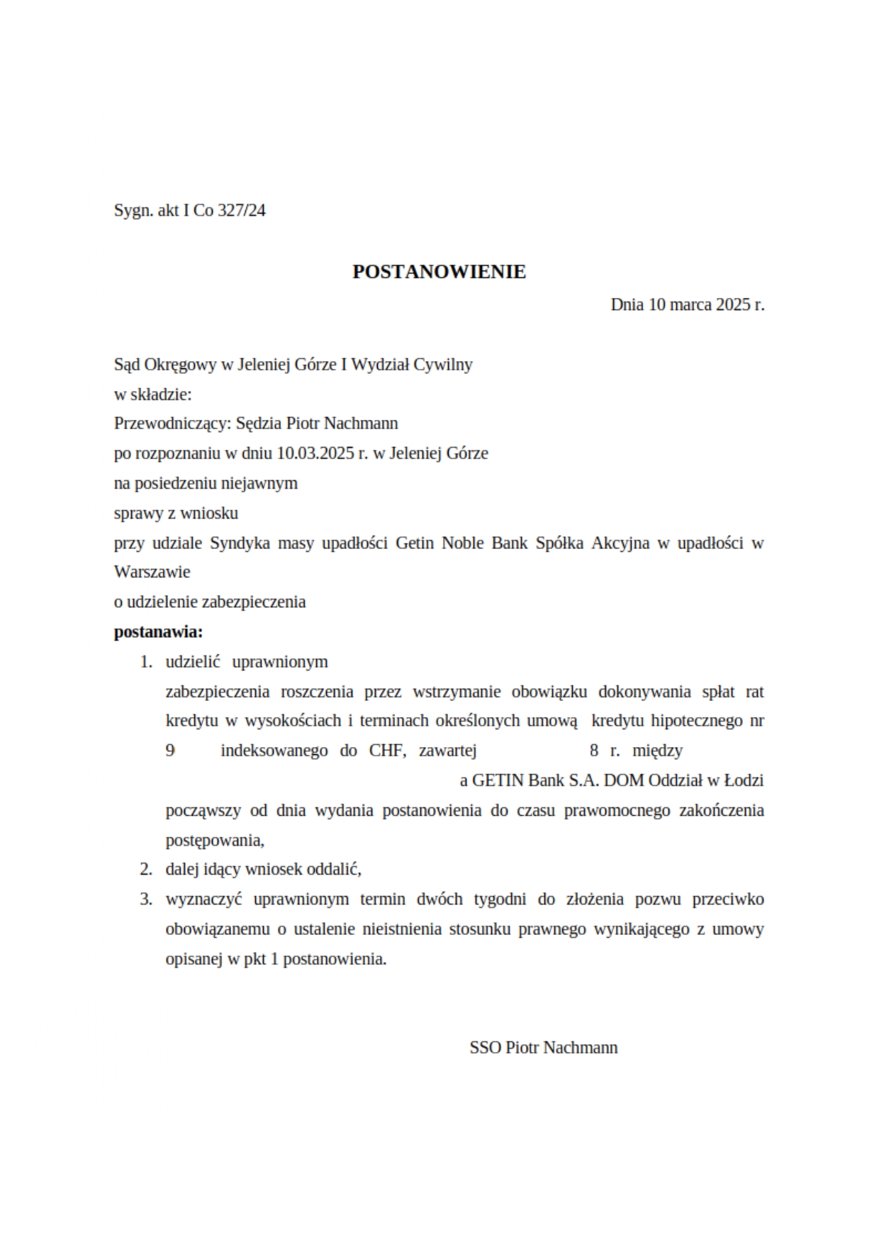 Udzielenie zabezpieczenia Getin